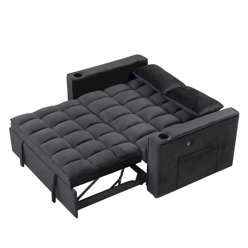 Canapé-lit convertible en velours avec porte-gobelet et port USB