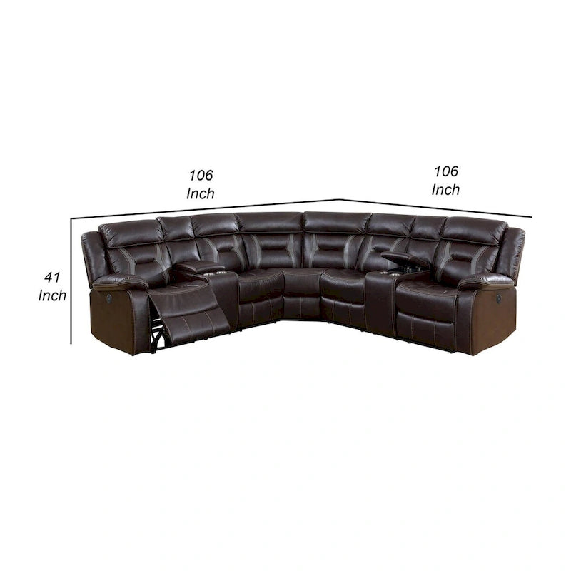Canapé d'angle inclinable électrique avec ports USB, en similicuir marron