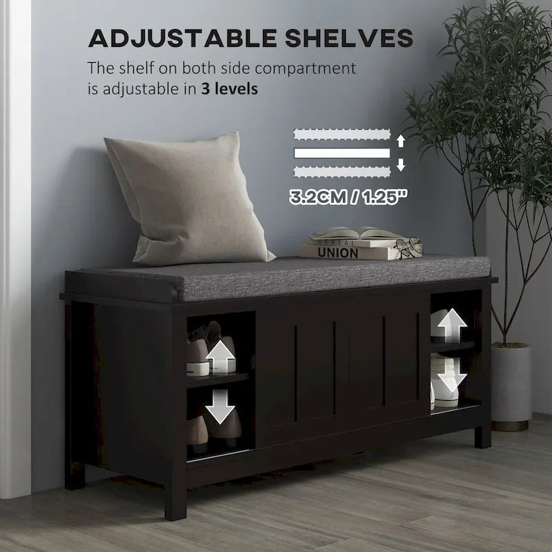Banc de rangement avec portes coulissantes et étagères réglables
