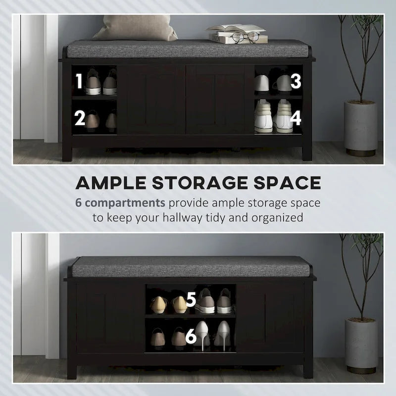 Banc de rangement avec portes coulissantes et étagères réglables