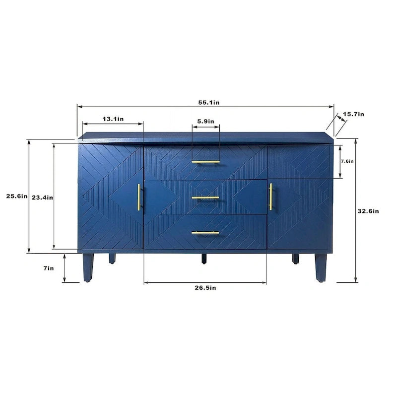 Buffet de salle à manger 2 portes et 3 tiroirs avec surface sculptée, 140 cm