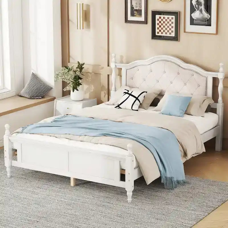 Cadre de lit Queen Size avec tête de lit capitonnée et pied de lit panneau