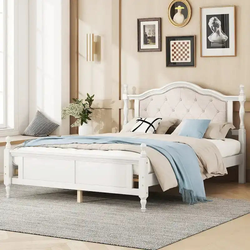 Cadre de lit Queen Size avec tête de lit capitonnée et pied de lit panneau